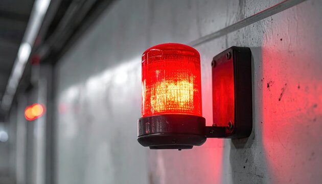 A vintage red light switch on a metal wall controls industrial machine equipment and transportation traffic light systems