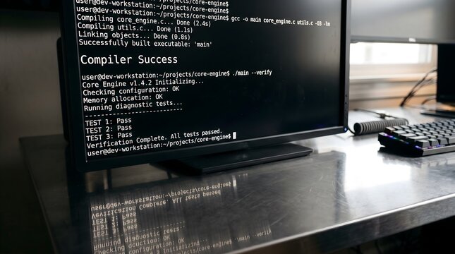 Monospace Terminal Code: A close-up of a matte black monitor screen running a command-line script in crisp white OCR-A typeface, "Compiler Success" message, reflecting on a polished metal desk.