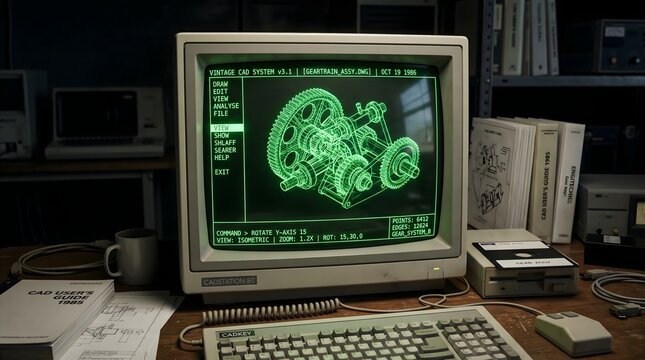 Vintage CAD Interface: A CRT screen showing a bright green wireframe 3D model of a complex mechanical gear system, "Technical Mono" aesthetic.