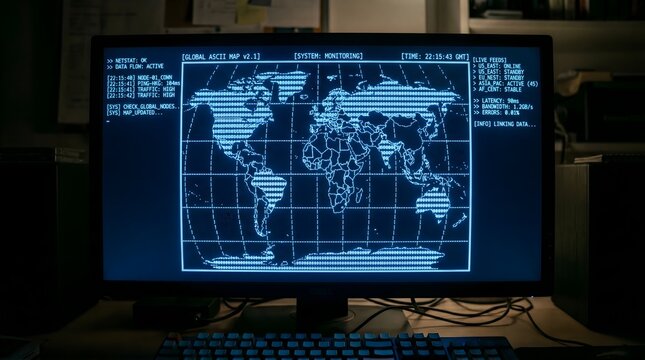 ASCII World Map: A glowing blue computer terminal screen displaying a flat world map made entirely of text characters, command-line data feeds flanking the sides.