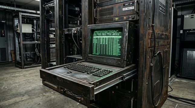 Brutalist Server Console: A rustic metal server cabinet with a built-in pull-out drawer console running a UNIX green-screen terminal interface.