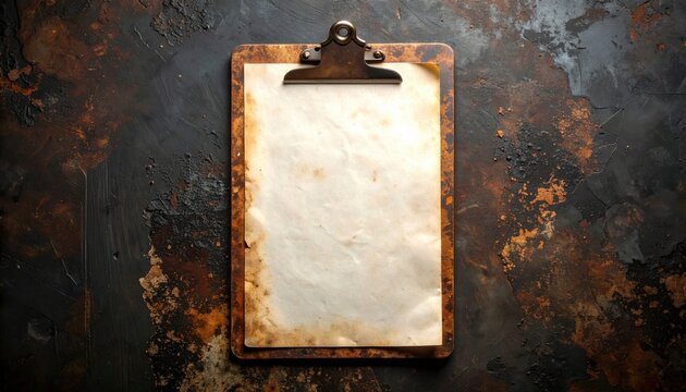 An ancient wooden door with a vintage metal frame stands against a grunge brown wall texture featuring aged paper borders and a blank antique surface design