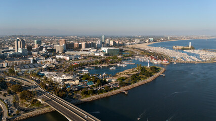 Fototapeta premium Drone view of Long Beach California skyline with waterfront bay and city