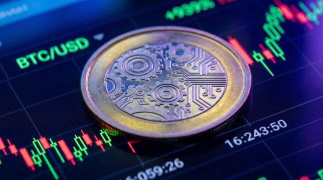 Moneda met&aacute;lica conceptual sobre pantalla con gr&aacute;ficos financieros ne&oacute;n