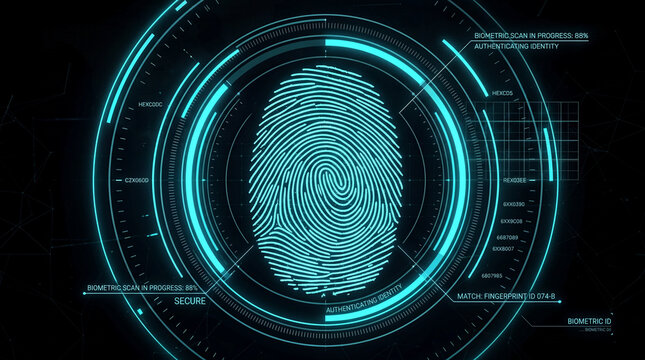 Futuristic fingerprint scan with digital data overlay in cyber security concept