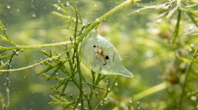 Close-up of a bladderwort trap capturing prey underwater amidst green aquatic plants.