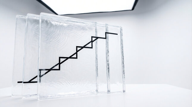 Black Line Refracted into Step‑Like Geometric Blocks Through Layered Ice &ndash; Glass‑Plane Refraction &ndash; Structured Distortion Macro &ndash; Clinical Overhead Softbox