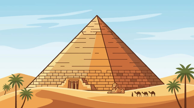 Egyptian pyramid desert landscape with sphinx and camels
