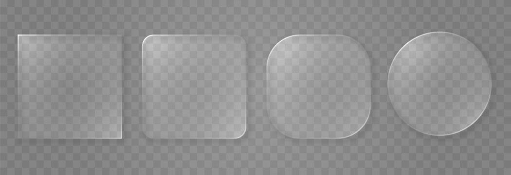 Set of glass elements in different shapes in glassmorphism style. Liquid glass effect PNG. Glass panels with liquid glass effect.