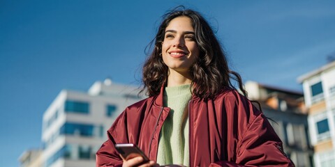 Fototapeta premium Young woman smiling while holding smartphone on urban rooftop