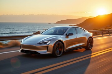 Obraz premium Sleek silver electric car driving on coastal road at sunset with ocean and mountains in background.