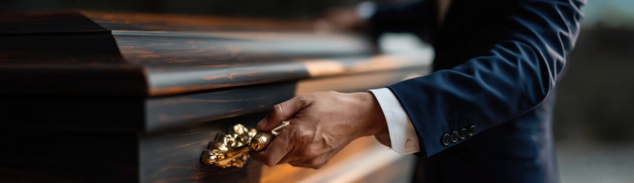 Man holding brass coffin handle during graveside service