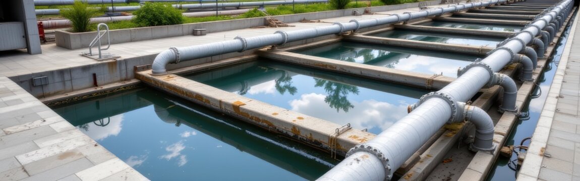 Water treatment facility with large pipes and clear water pools under a partly cloudy sky.