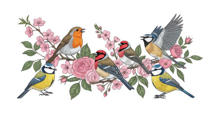 Spring Garden Birds and Pink Flowers Vector Illustration © wdflm