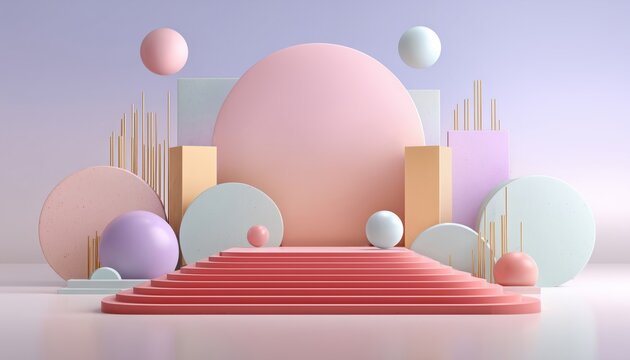Pastel Geometric Scene For Cosmetic Or Product Display Podium Render Featuring Abstract Shapes In Soft Hues. Ideal For Showcasing Products.