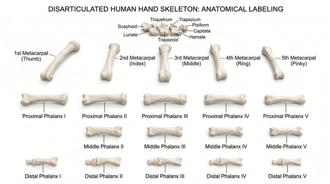 anatomy bone carpal disarticulated finger labeling metacarpal phalanges proximal trapezium trapezoid triquetrum studio lighting isolated background lifestyle concept