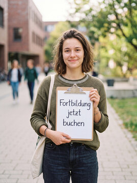 L&auml;chelnde junge Frau mit Stoffbeutel im gr&uuml;nen Pullover h&auml;lt Klemmbrett Fortbildung jetzt buchen auf Campus &ndash; Weiterbildung Studierende
