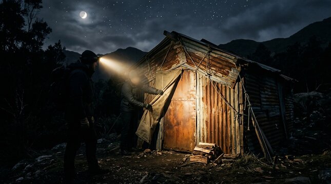 Mysterious old wooden shack illuminated by a flashlight beam under a full moon at night.
