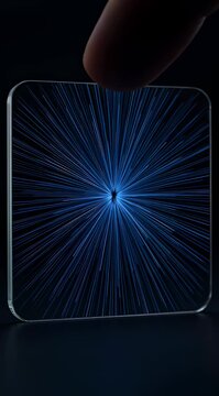 Glass touch interface awakens from standby with elegant blue digital expansion and futuristic interaction motion