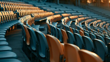 Naklejka premium Empty stadium seats bathed in golden hour light
