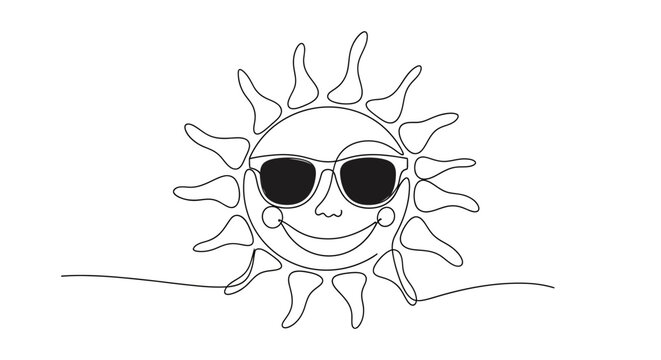 Happy Sun Wearing Sunglasses, Continuous Line Drawing