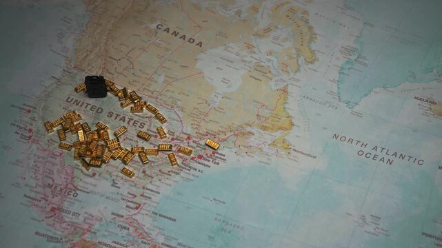 Gold bars on USA map and tanks in Europe.