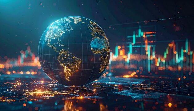 Global business concept with a luminous globe and market indicators, depicting international trading and financial analytics.
