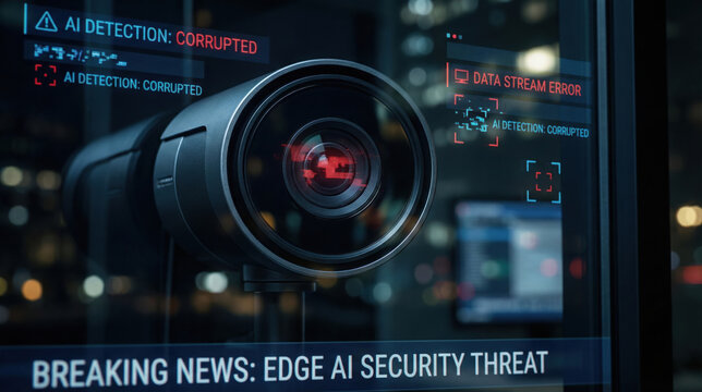 Edge AI security threat alert on surveillance camera with corrupted data stream error warning in dark city night