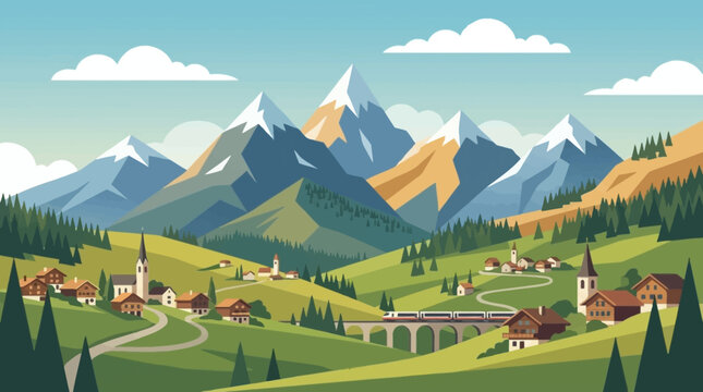 village in valley with train and mountain range landscape