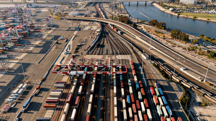 Drone view of freight rail yard containers and port infrastructure © Viola