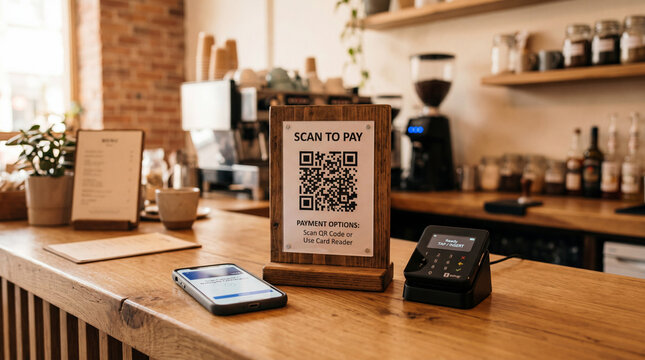 QR Code Payment Stand on Cafe Counter With Smartphone for Contactless Retail Checkout