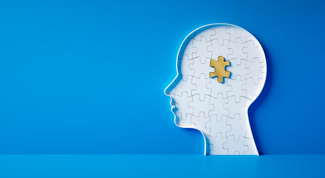 Conceptual artwork showing a 3D silhouette of a head with puzzle pieces, symbolizing mental activity, intelligence, or creativity - 3D illustration on blue background