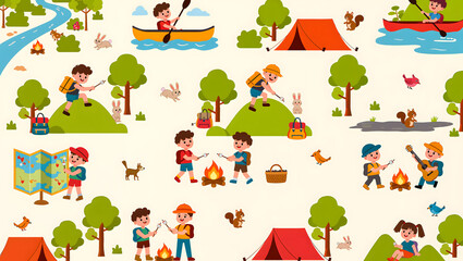 Obraz premium Cute kids camping and outdoor adventure background with playful nature scenes