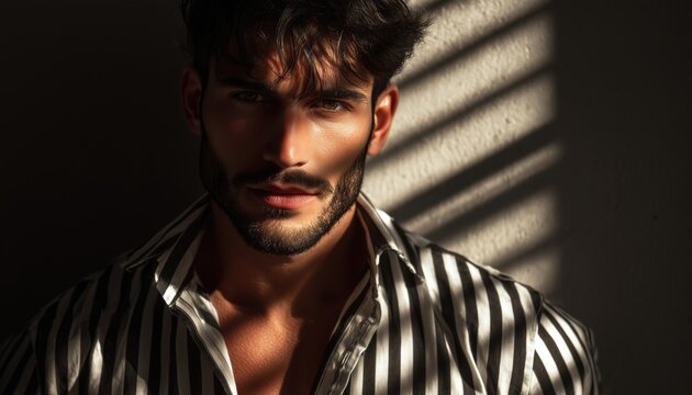 Stylish Italian Brunette Man Wearing Striped Shirt Captured In Stunning Photograph With High Resolution. Striking Image Of A Handsome Gentleman.