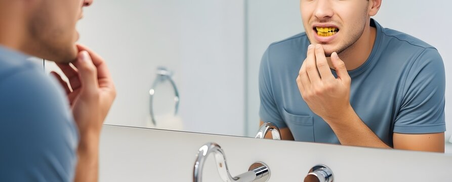 Man applying yellow teeth whitening strips in bathroom mirror