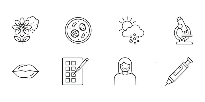 Allergy testing and environmental triggers thin line icon vector illustration set isolated on white background.