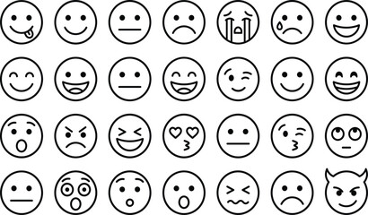 Emoji emoticon face line icon set with various customer feedback expressions and mental mood elements