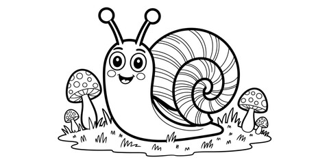 Cute cartoon snail with a shell and mushrooms for kids coloring page Vector, illustration © Kanu Art_Gallery