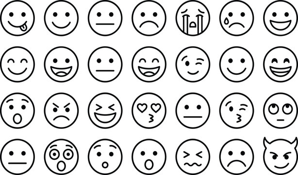 Emoji emoticon face line icon set with various customer feedback expressions and mental mood elements