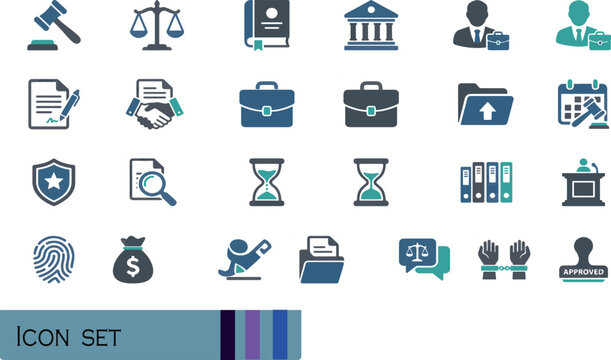 Print Law Related UI/UX Icon Collection - Clean Square Framed Vector Symbols for Legal Apps and Website Interfaces