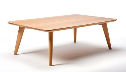 Fototapeta premium A wooden coffee table with tapered legs is centered on a white background indoors