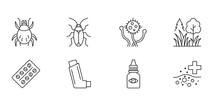 Allergen causes and medical treatment thin line icon vector illustration set isolated on white background.