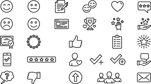 Customer feedback and product rating line icon set with testimonial review and customer satisfaction elements