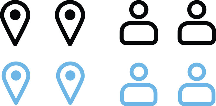 Map pin location and user profile avatar linear line icon set for navigation mobile interface