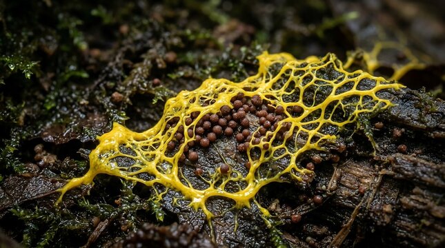 Bright Yellow Slime Mold Physarum Polycephalum on Dark Wood with Spores.