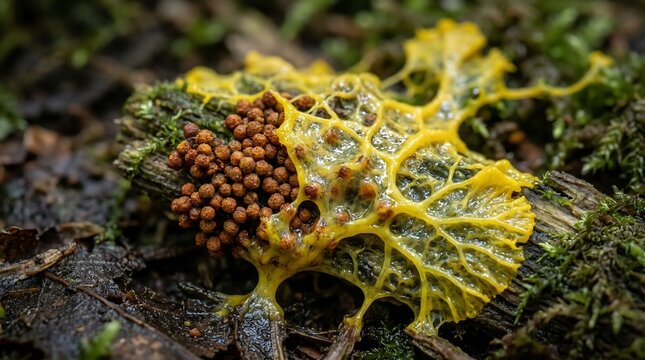 Close-up of a vibrant yellow slime mold with brown spore clusters on mossy wood in a forest.