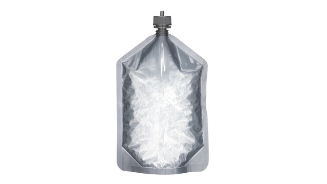 Flexible plastic pouch with screw cap filled with white powder, isolated on transparent background