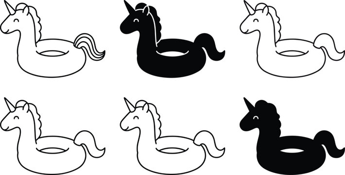 Unicorn pool float inflatable ring vector icon set in linear outline and solid black styles