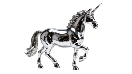 Shiny chrome unicorn statue with spiraled horn, isolated on transparent background © Elena