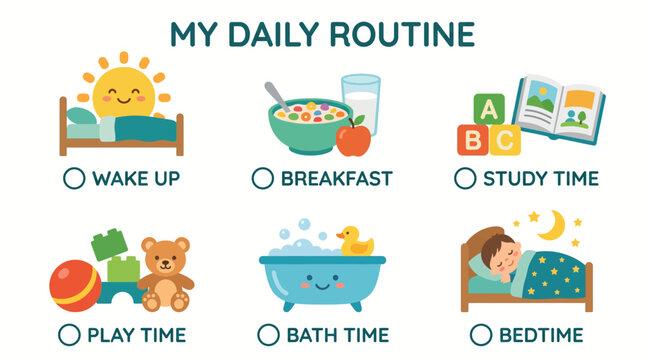 Clean Flat Vector Illustration of a Preschool Daily Routine Chart for Toddler Social Development, Healthy Habits, and Early Learning Activities